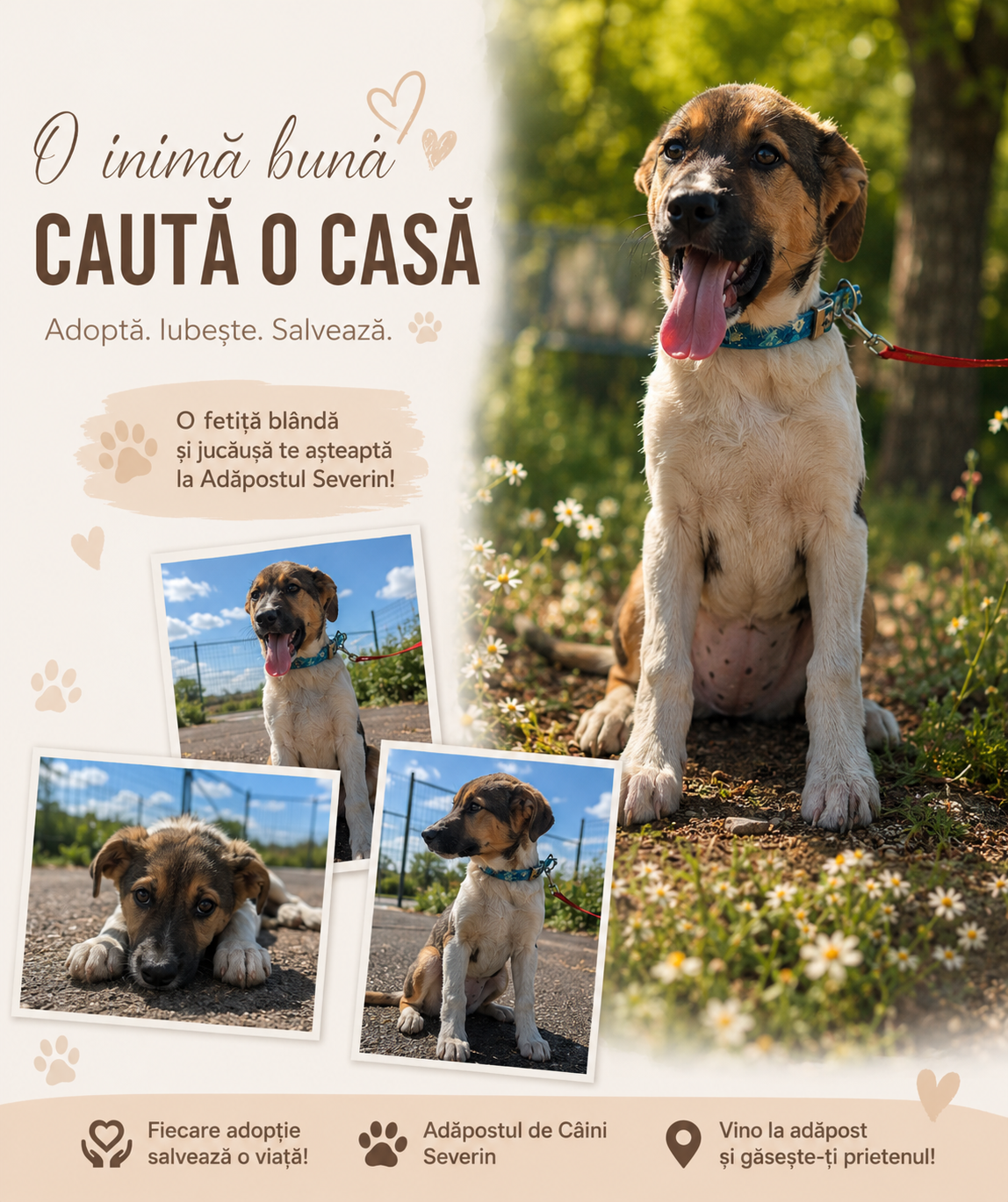 O cățelușă de doar 3 luni, blândă și jucăușă, își caută o familie iubitoare